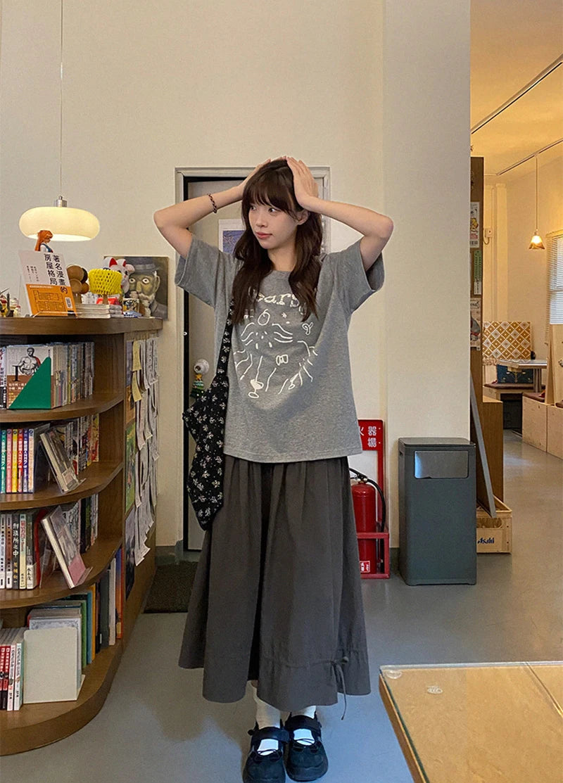Vintage Black Midi Skirt Women Japanese Harajuku Drawstring Bud Skirts Summer Streetwear Korean Casual Design A Line Faldas New