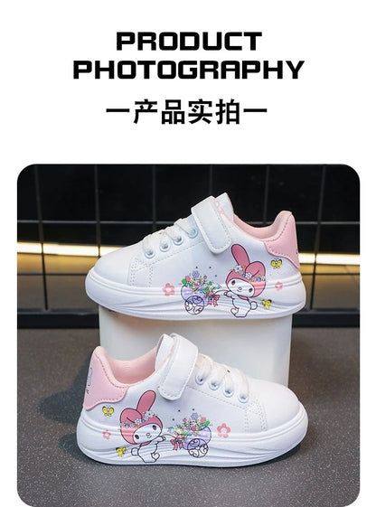 Baby Girls White Shoes Kids Casual Sneakers Cartoon Soft Breathable Fashion Children White PU Leather Shoes Size 26-37.