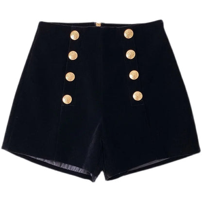 Velvet Black High Waist Slim Shorts Thicked Women's Winter New Korean Fashion Double-breasted Wide Leg Short Pants.