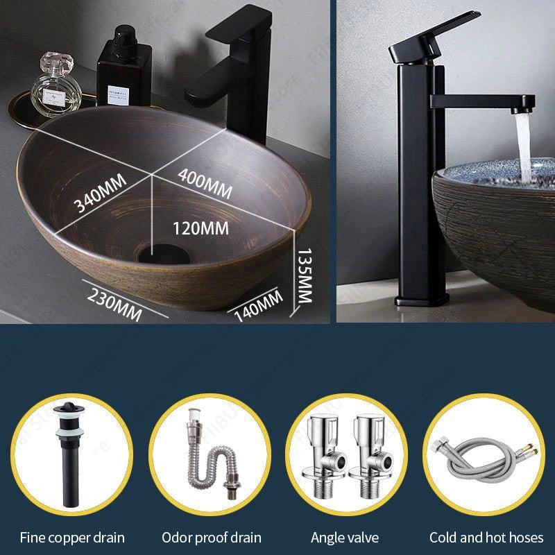 Braunes Keramikgefäß, Waschbecken, Waschtisch, Schüssel, ovaler Badezimmertisch, Waschbecken, Toilette, Balkon, Kunstbecken, über der Theke, Sockelwaschbecken