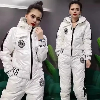 Mode Winter Glänzend Parkas Frauen Anzug Übergroßen Zwei Stück Set Casual Mit Kapuze Baumwolle Gepolsterte Kurzen Mantel + Verdicken Warme Hose Sets