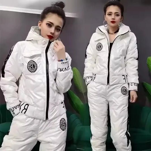 Mode Winter Glänzend Parkas Frauen Anzug Übergroßen Zwei Stück Set Casual Mit Kapuze Baumwolle Gepolsterte Kurzen Mantel + Verdicken Warme Hose Sets
