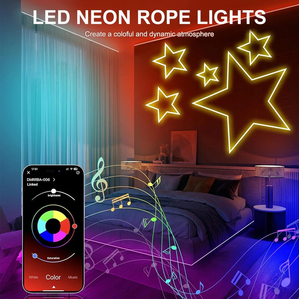 LED-Neon-Lichterkette mit App/Fernbedienung, 24 V, Musik-Synchronisierung, wasserdicht, flexibel, DIY-Design, RGB-Streifenlichter für Schlafzimmerparty.