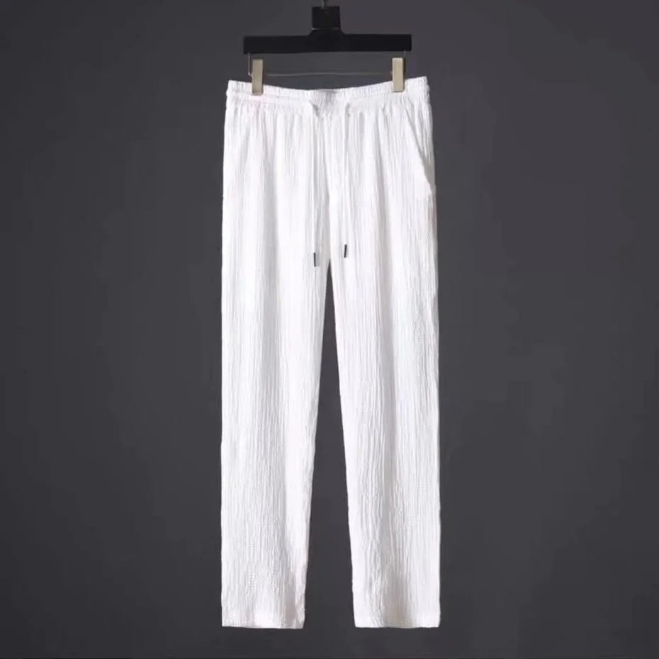 Summer Casual Thin Linen Set Men's Sport Suit Outdoor Wear Short Sleeve Long Pants Two-Piece Set Lightweight Comfortable Fit.