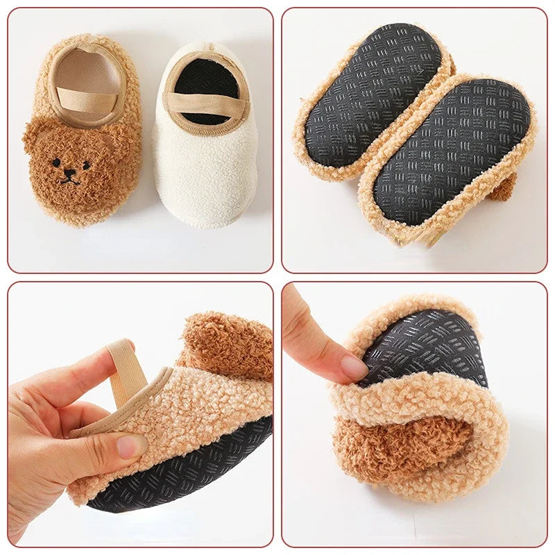 Warm Newborn First Walker for Boy Girl Cartoon Animal Bear Indoor Non-slip Floor Shoes Winter Fury Plush Floor Shoes
