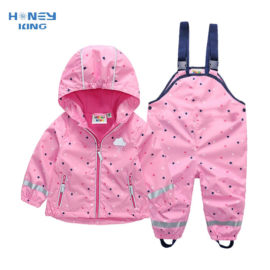 HONEYKING Children's Clothing Sets Raincoat Suit Baby Waterproof Overalls Pants Girls Jumpsuit For Kids Jacket And Trousers Set.