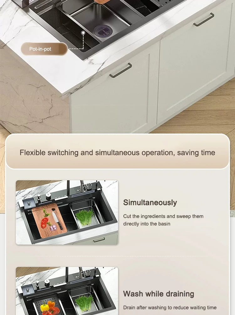 Küchenspüle, Wasserfall-Waschbecken aus Edelstahl, extra großer Einzelschlitz mit Digitalanzeige, Wasserhahn-Set für die Küche