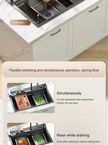 Küchenspüle, Wasserfall-Waschbecken aus Edelstahl, extra großer Einzelschlitz mit Digitalanzeige, Wasserhahn-Set für die Küche