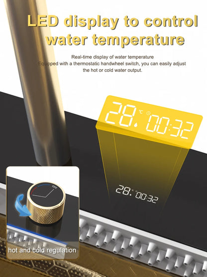 Golden Stainless Steel Waterfall Kitchen Sink Gold Embossed Extra Large Single Slot Digital Display Dishwashing Basin 100x50cm