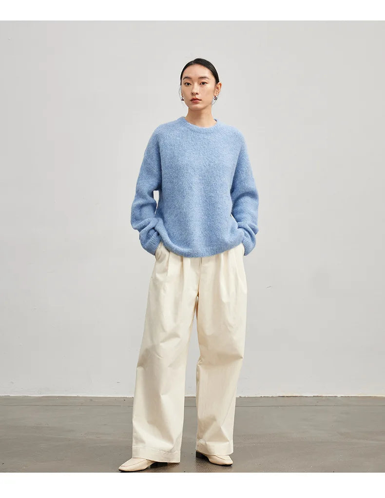 SuyaDream Warm Alpaca Pullovers for Woman, Dropped Sleeved Loose Sweaters, 2025 Fall Winter Top, Camel, Beige.