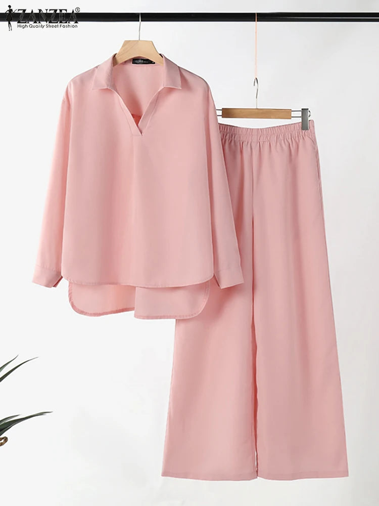 ZANZEA Fashion Women Casual Trousers Suits 2PCS Autumn Long Sleeve Blouse Solid Wide Leg Pants Sets Loose Work Tracksuit Outifit.