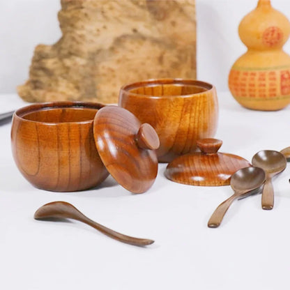 Kitchen Seasoning Jar Creative Retro Wooden Salt Pot Seasoning Storage Jar Spice Pot With Lid.