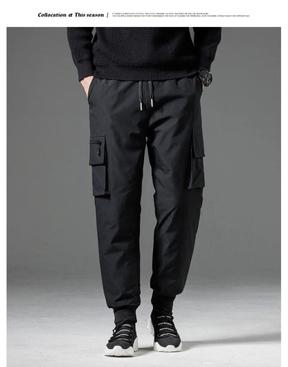 Winter Down Pants Men's Casual Waterproof Zipper Pocket Thick 90% Duck Down Cargo Pants Male Jogger Outdoor Warm Sports Pants.