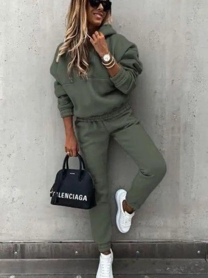 Autumn Winter New Solid Color Long Sleeve Hoodie Women's Casual Suit Fashion Loose Sports Hoodie + Small Foot Pants 2 Piece Set.