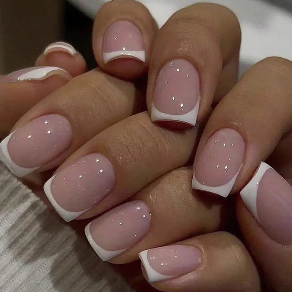 ARTAUG 24PCS Short Press On Nails Square Pink Fingertip White French Trim Press On Nails Full Cover Fake Nails Set Nail.