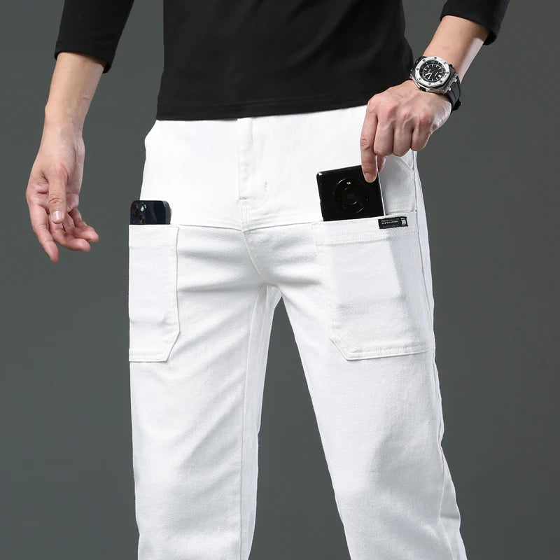 Spring and Autumn Men's Multi-Pocket Design Jeans Fashionable and Versatile White Khaki Red Comfortable Stretch Denim Pants.