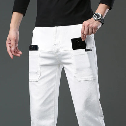 Spring and Autumn Men's Multi-Pocket Design Jeans Fashionable and Versatile White Khaki Red Comfortable Stretch Denim Pants.