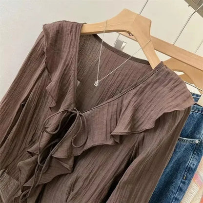 Fashionable Autumn Women's Shirt Elegant Cascading Ruffled Layered Sexy V-Neck Trumpet Sleeve Long Sleeve Women's Casual Shirt.