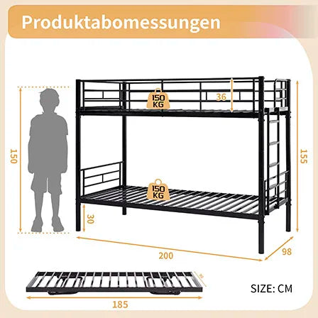 Etagenbett aus Metall, 90 x 200 cm, Etagenbett mit ausklappbarem Bett, erweiterbar auf zwei Einzelbetten oder Erwachsenenbetten, Schwarz