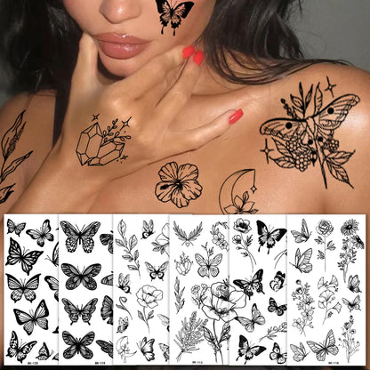 1/6pcs Black Butterfly Fake Tattoo Waterproof Temporary Tattoo Stickers Leg Arm Hand Foot Body Arts Magic Flower Texture Sticker.