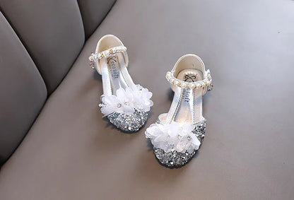 Fashion Children's Sandals 2024 Spring Summer Shining Flowers Sweet Girl Princess Shoes Dance Performance Kids Sandals J191.