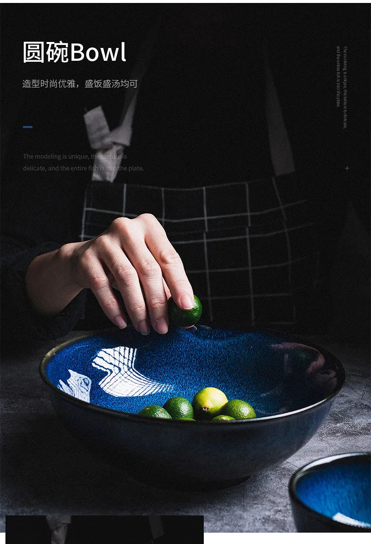 Japanese Blue Kiln Change Ceramic Tableware American Tableware Retro Household Dishes Set Rice Bowl Dishes Restaurant Plate.