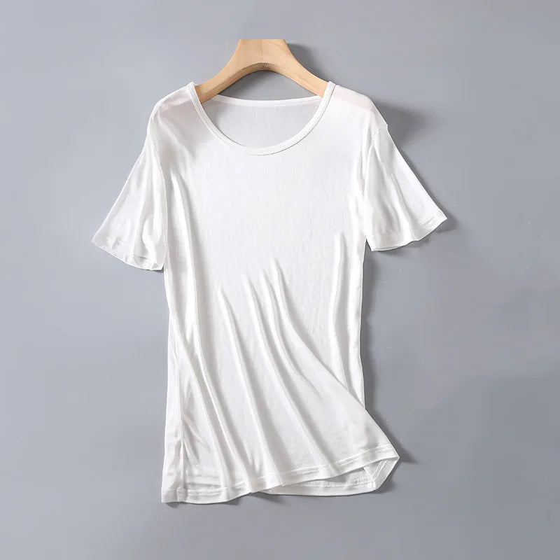 Men's Spring Summer Thin 100% Natural Silk T-shirt Male Elastic Casual Breathable Summer Silk Shirt Tops TB1167.