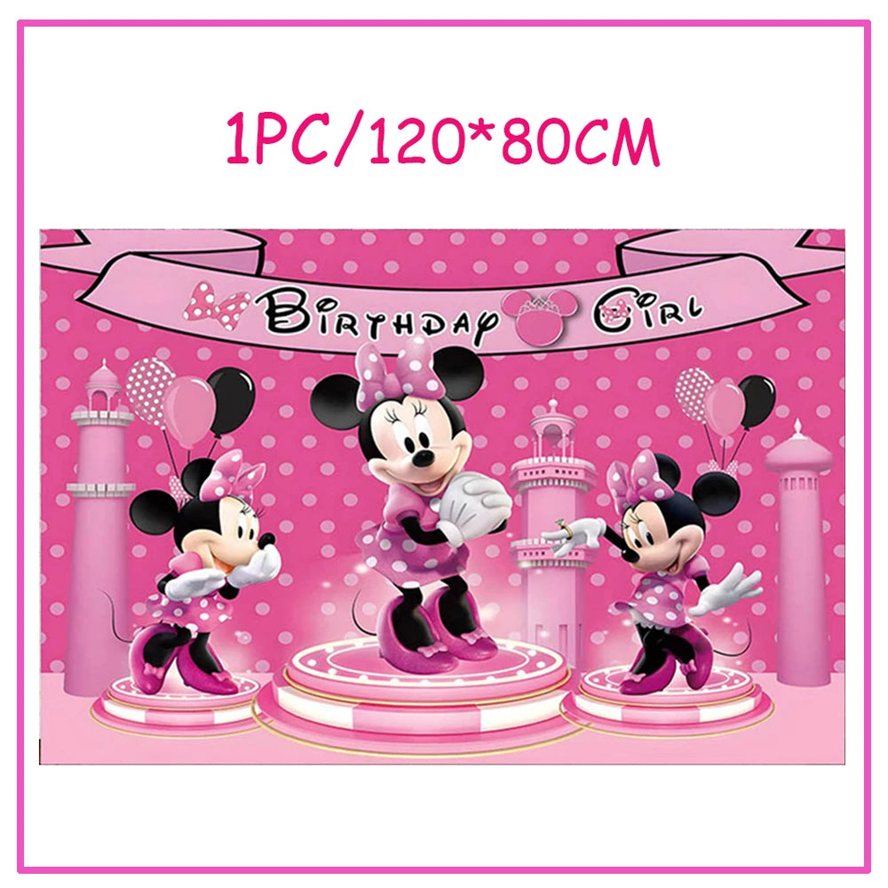 Disney Minnie Mouse Birthday Party Decoration Pink Minnie Paper Cups Plates Napkin Tablecloth Tableware Balloosn Baby Shower Kid.