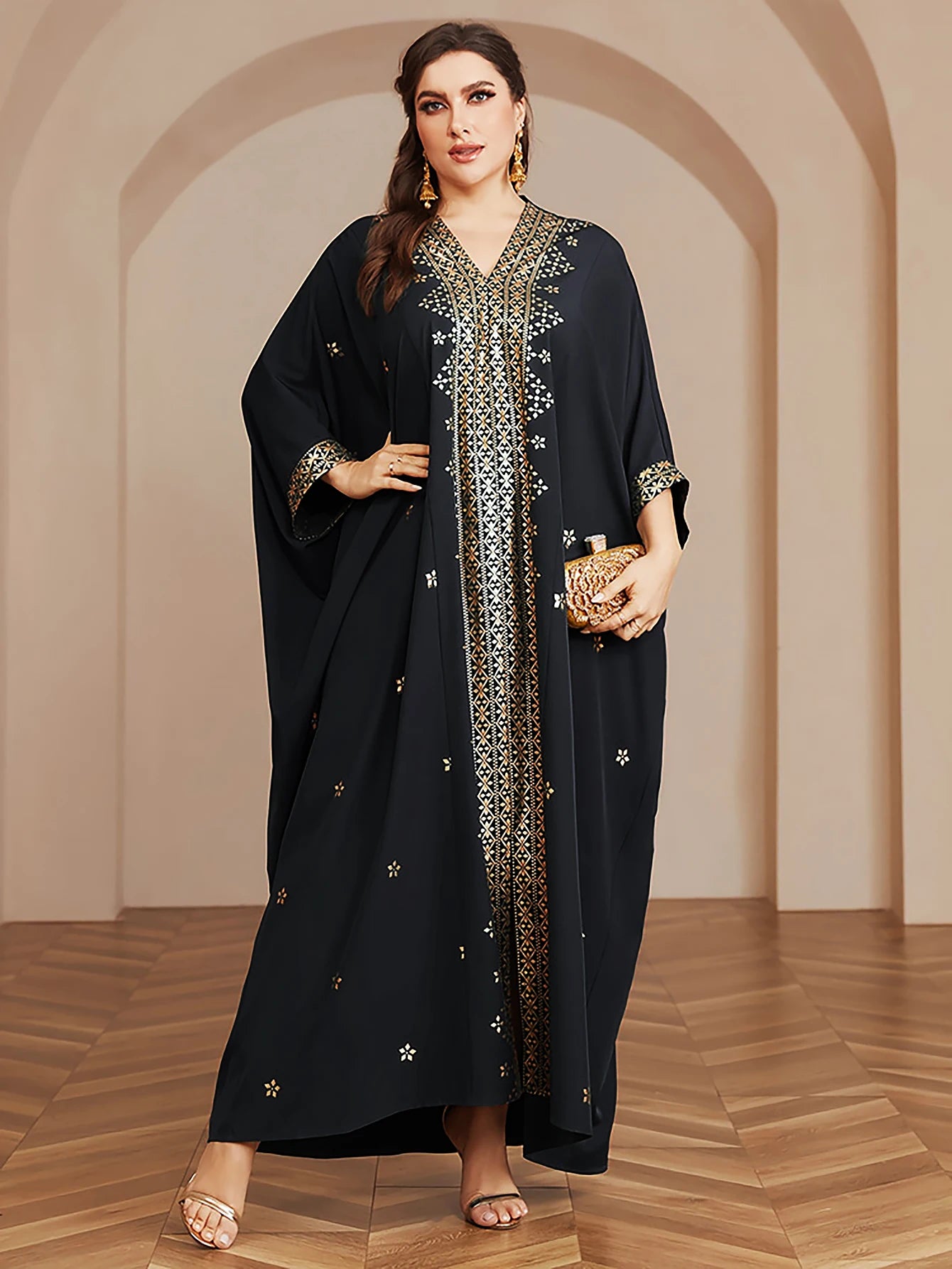 Wow! Langarm-Abaya in Übergröße mit Goldfolie – atemberaubendes arabisches Kleid, steigern Sie Ihren Stil für jede Veranstaltung!