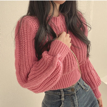 Koreanische Lose Langarm Pullover Mode Frauen Harajuku Laterne Stricken Oansatz Solide Grund Jumper Herbst Winter Weiche Warme Pullover