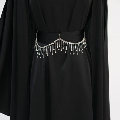 Ramadan Muslim Women 2 Piece Set with Chain Party Dresses Abaya Eid Jalabiya Sashes Diamond Morocco Dubai Kaftan Cardigan Robe.