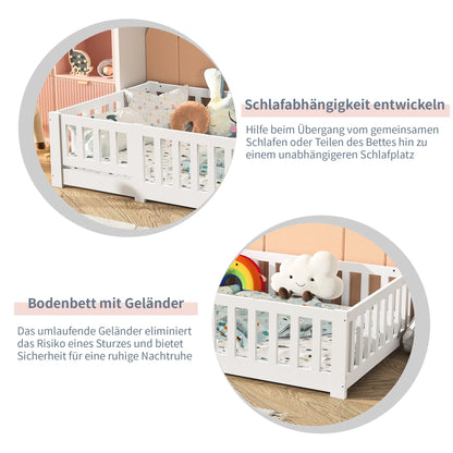 Rosahqnda Massivholz-Bettgestell 90 x 200 cm, Kinderbett mit Schubladen und Kopfteil für Bücher, Einzelzimmer, Weiß