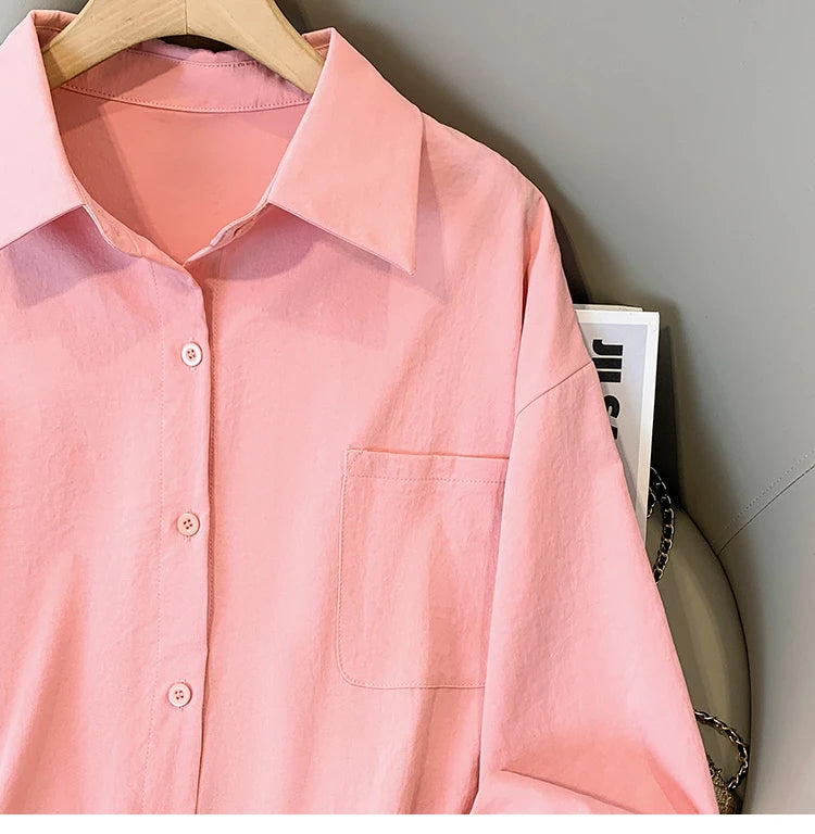 Plus Size Women's Blouses 2025 Spring Autumn Simple Lady Shirts Long Sleeve Big Pockets Shirt Loose Casual Tops