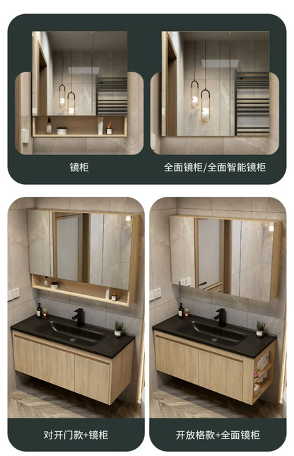 Leichter Luxus-Badezimmerschrank-Kombination, Badezimmer-Waschbecken, Gesichtswaschbecken, Toilettenholz, Waschbecken aus Keramik, integriertes Waschbecken im japanischen Stil