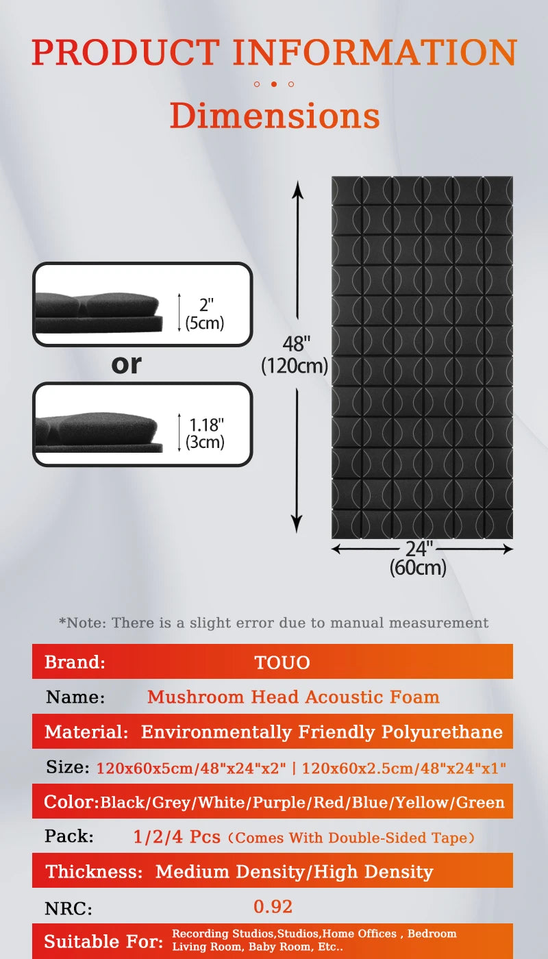 TOUO 1-4Pack Soundproof Acoustic Foam Panels Mushroom 47.2"x23.6" Wall Noise Insulation for Studio KTV Bar