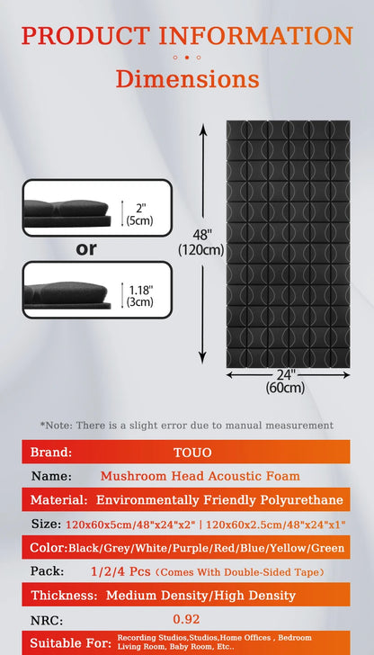 TOUO 1-4Pack Soundproof Acoustic Foam Panels Mushroom 47.2"x23.6" Wall Noise Insulation for Studio KTV Bar
