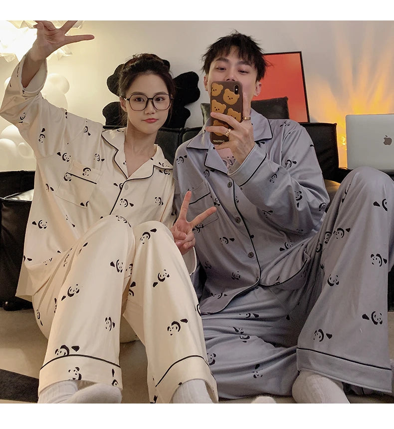 Pajamas Women Pajama Man Set Cotton Plus Size Spring Autumn Long-sleeved Korean Cardigan Casual V-neck Nightwear Couple Pyjamas.