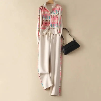 Frühling Herbst frauen Kleidung Set Gedruckt Doppel-Reißverschluss Jacke + hohe Taille Elastische Kordelzug Breite Bein Hosen Sport zwei-Stück Set