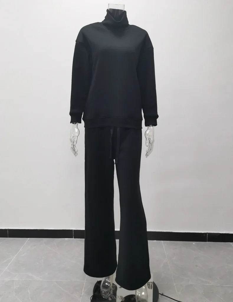 Women Tracksuit Two Pieces Set Long Sleeve Turtleneck Pullover Solid Color Hoodies Wide Leg Pants Drawstring Autumn Casual 2023.