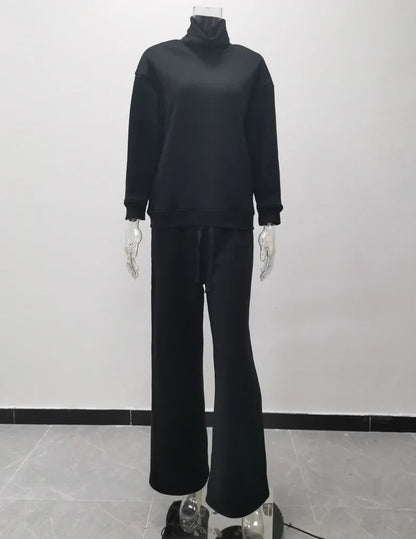 Women Tracksuit Two Pieces Set Long Sleeve Turtleneck Pullover Solid Color Hoodies Wide Leg Pants Drawstring Autumn Casual 2023.