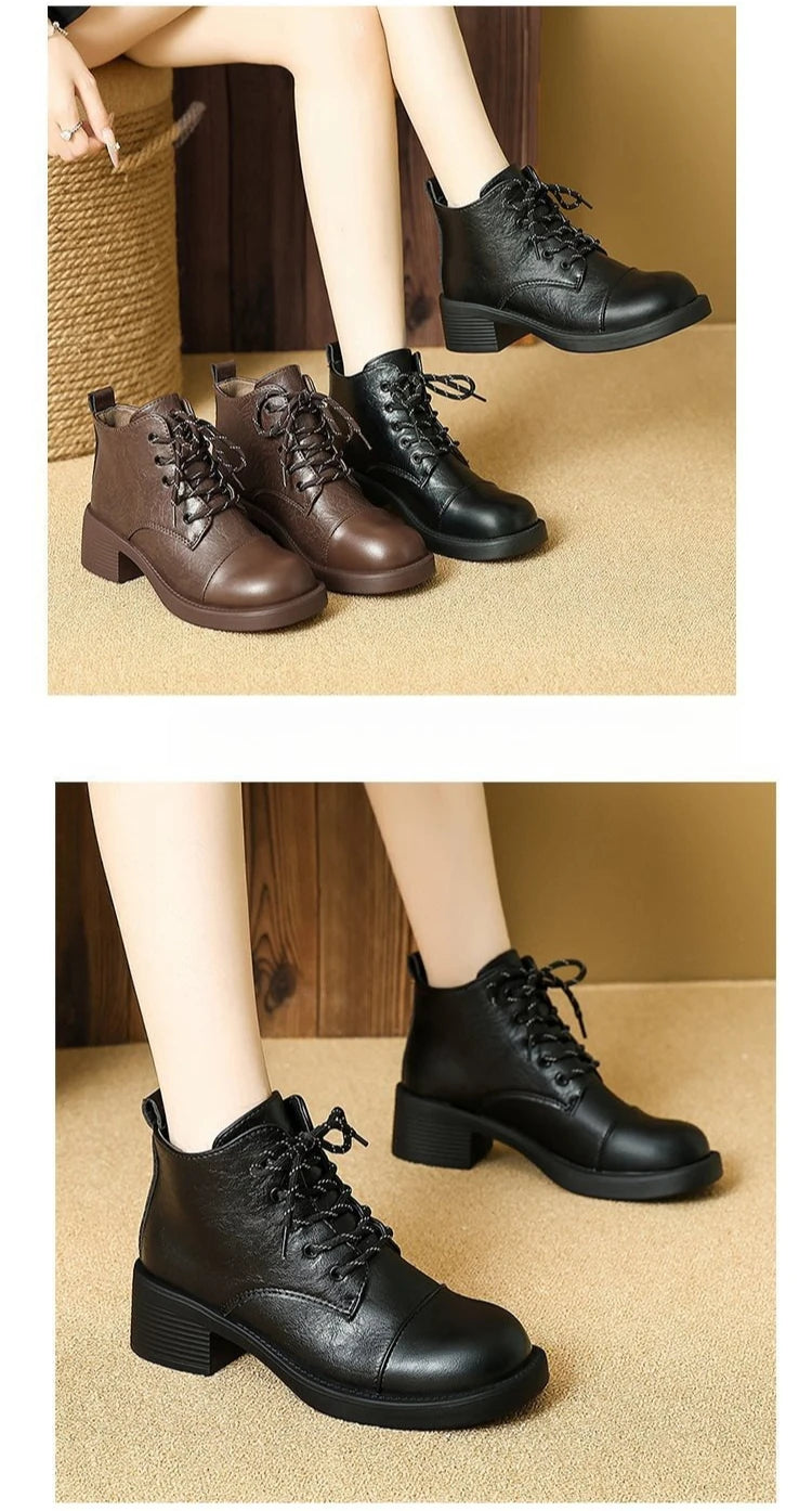 Women Short Boots 2025 Autumn Winter New Fashion Lace Up Vintage Middle Heel Shoes Outdoor Non Slip Height Increase Ankle Boots.