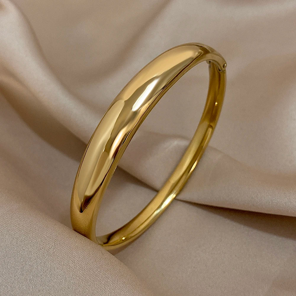 Minimalist Smooth Chunky Cuff Bangles for Women Stainless Steel Gold Silver Color Round Circle Bracelets Waterproof Jewelry.