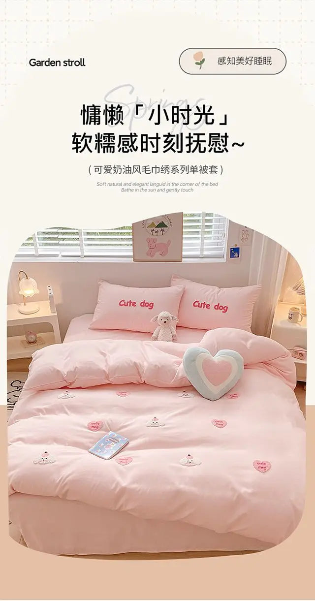 Ins Girly Heart Towel Embroidery Bedding Four-piece Set Soft Washed Cotton Bed Sheet Quilt Cover Three-piece Set.