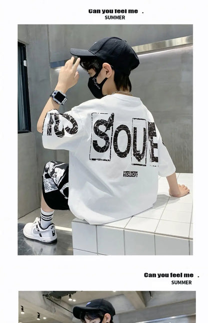 Boys Summer Trendy Casual Sports 2pcs T-shirts+Pants Suits 3-14 Years Teenage Boys Hip Hop Style Fashion Outfits Clothes Sets.