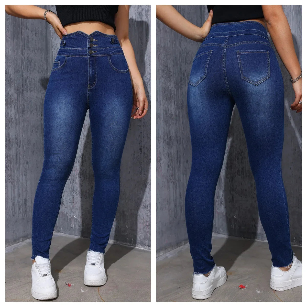 High Waist Elastic Denim Pants Slim Fit Women's Ankle Length Jeans Decorative Button Casual Fashionable Trousers.