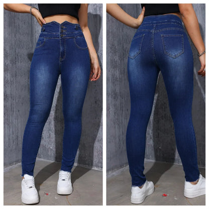 High Waist Elastic Denim Pants Slim Fit Women's Ankle Length Jeans Decorative Button Casual Fashionable Trousers.
