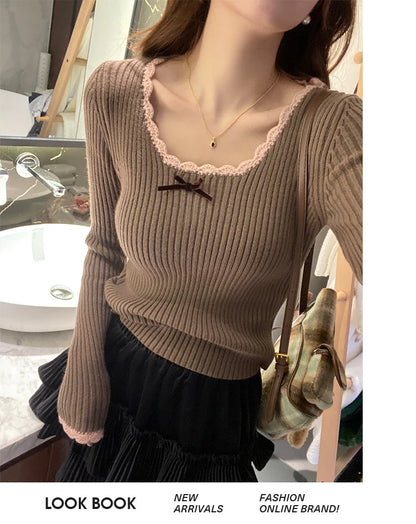 HOUZHOU Vintage Elegante Kokette Gestrickte Pullover Frauen Koreanischen Stil Cuteore Sexy Bogen Patchwork Quadrat Kragen Dünne Strickjacke 2025.