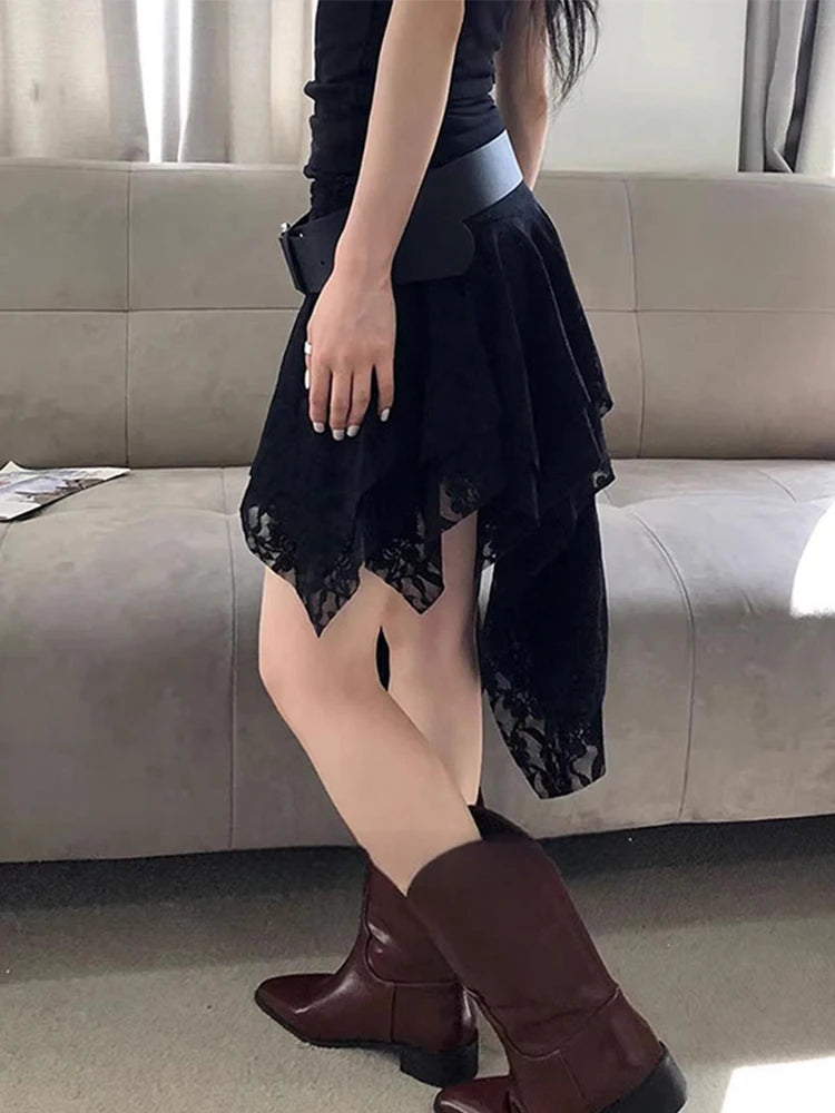 Asymmetrical Lace Skirt Pants Women High Waist Layered Skirt Y2k Japanese Vintage Jacquard Short Skirt 2025 Spring Clothing.