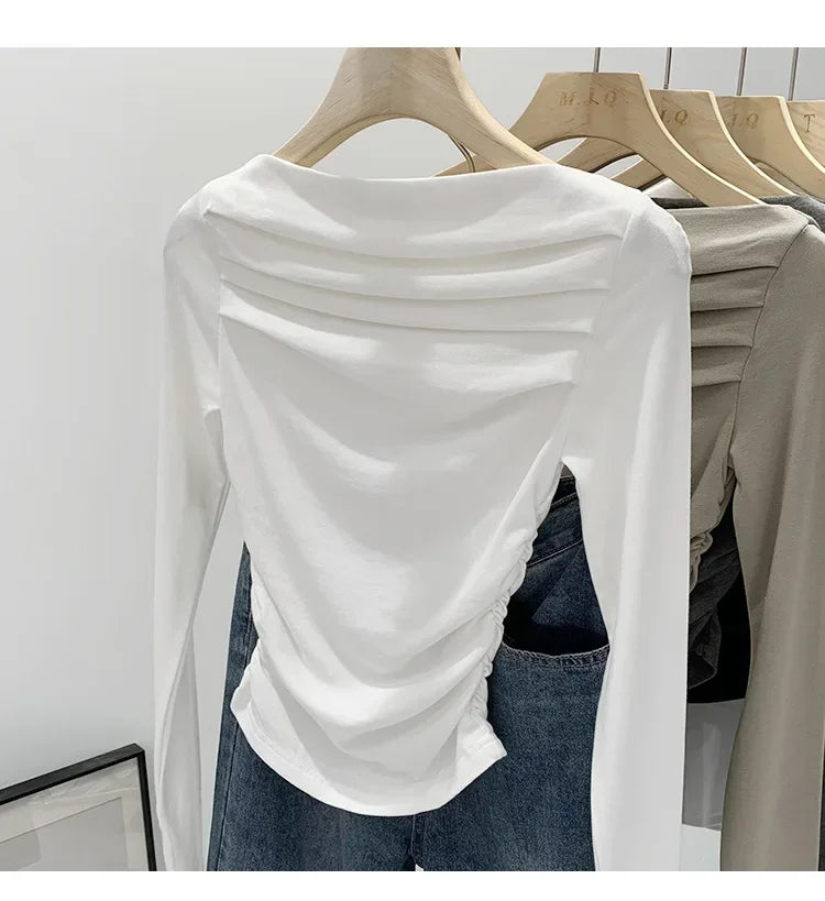Spicy Girl Style One-Collar Ruffles Cropped Long Sleeve T-Shirt Women's Autumn/Winter New Arrival Base Layer Sweatshirt.