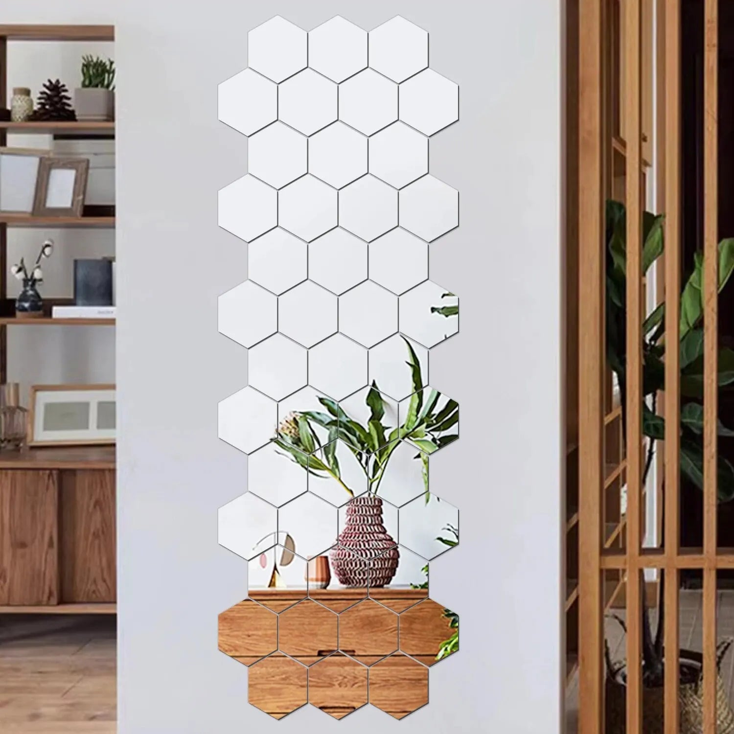 12PCS/Lot Removable Geometric Mirror Wall Stickers - Solid Hexagonal Shape, DIY with Built-in Adhesive for Home Decoration.